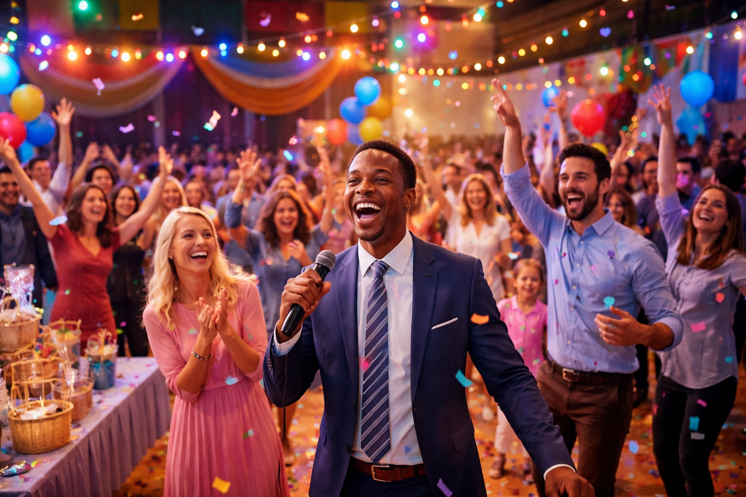 A man in a suit holding a microphone smiles and walks through a cheering crowd at a festive indoor event with colorful lights, balloons, and confetti.