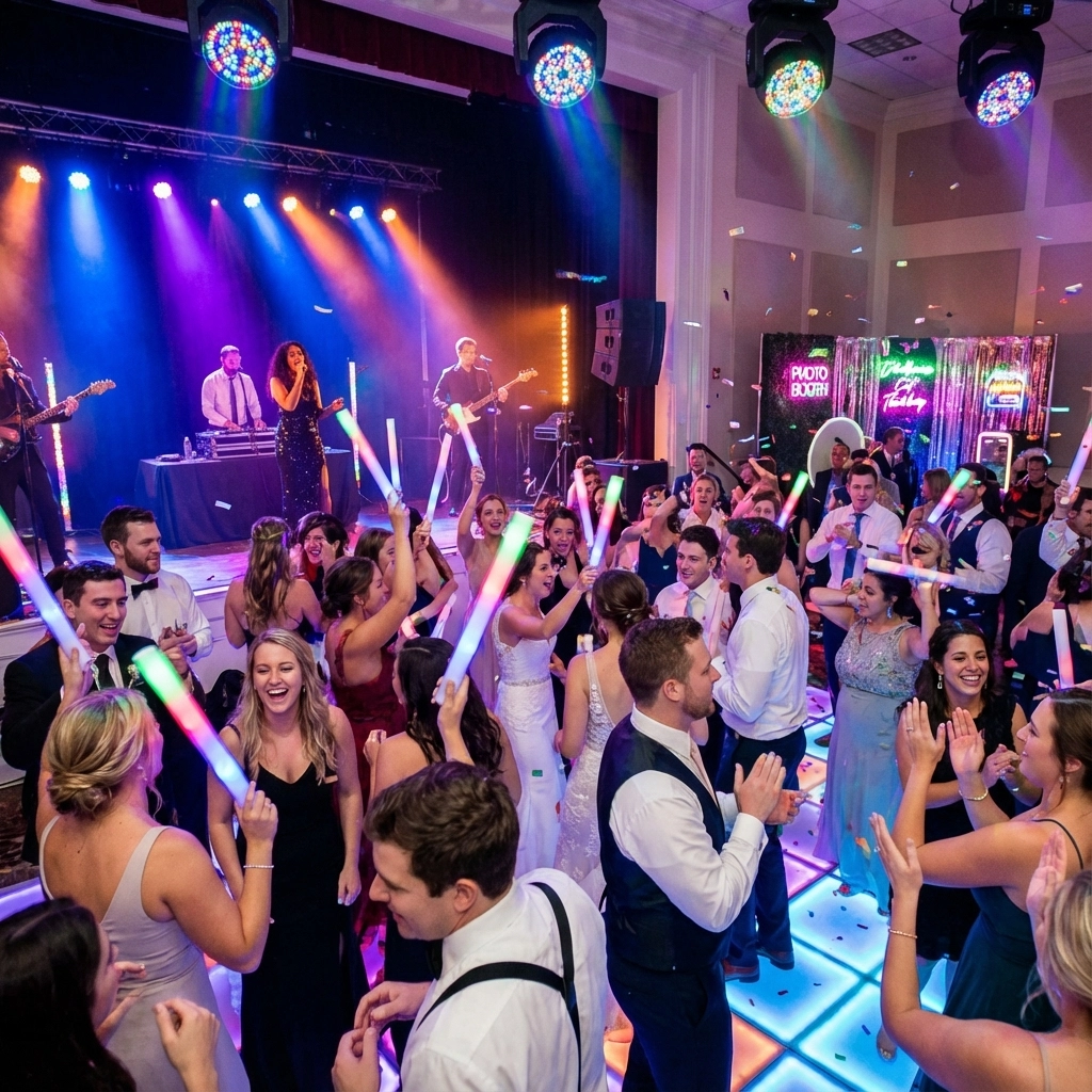A large group of people dance and celebrate with glow sticks on a lit-up dance floor, while a live band performs on stage under colorful lights.