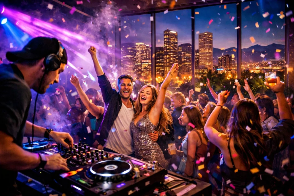 A DJ plays music at a lively party with people dancing and celebrating under confetti, with city skyline visible through large windows at night.