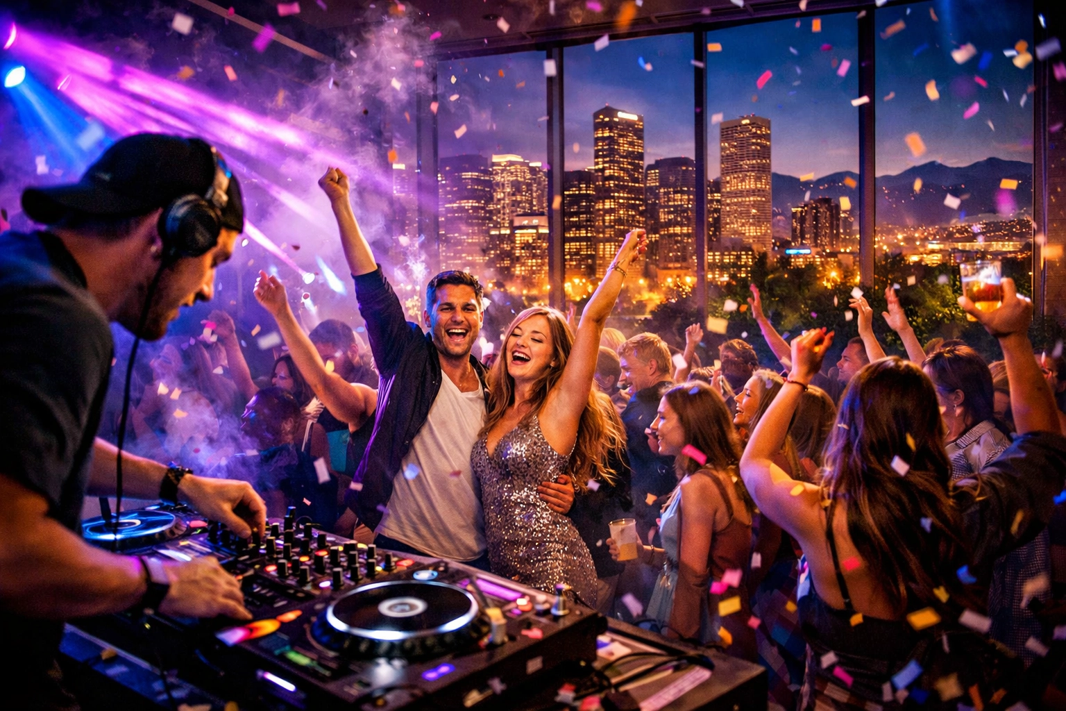A DJ plays music at a lively party with people dancing and celebrating under confetti, with city skyline visible through large windows at night.