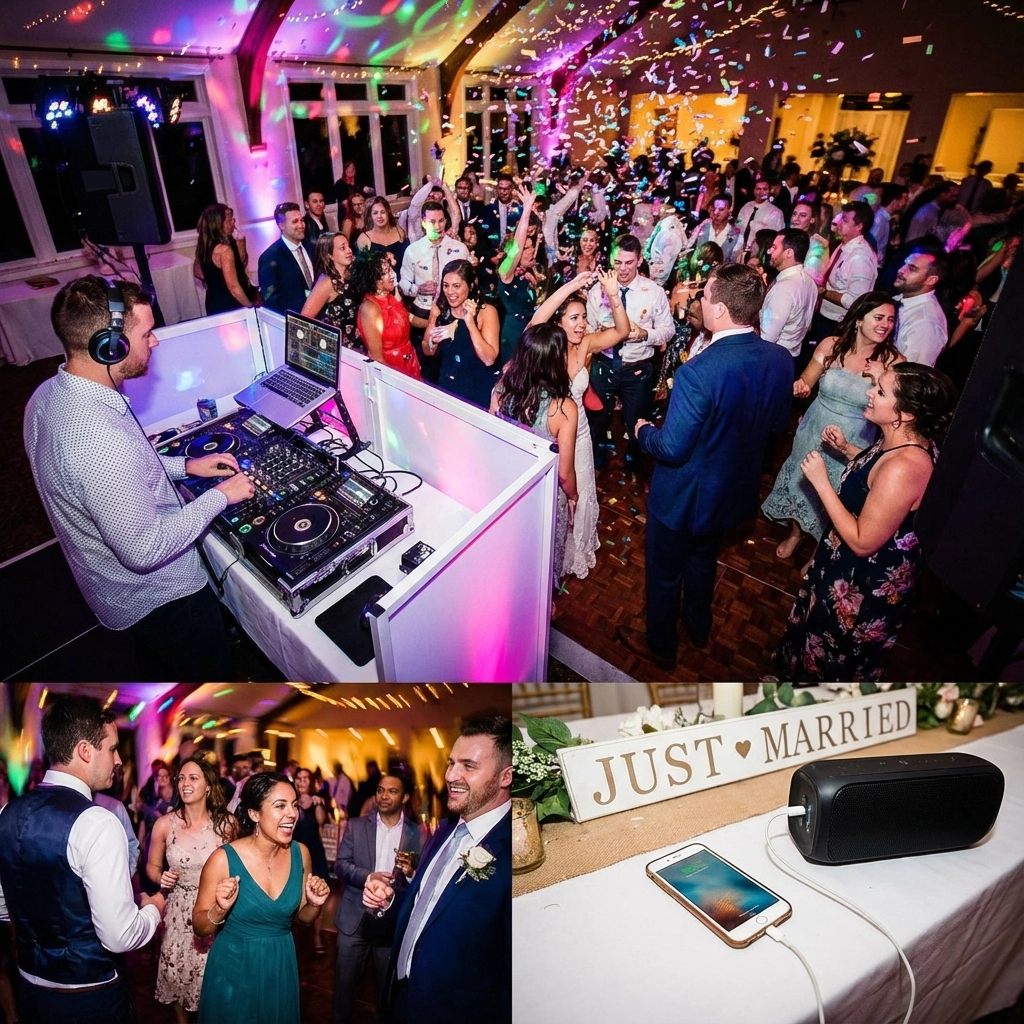A wedding reception with a DJ, people dancing under confetti, guests socializing, and a "Just Married" sign next to a phone and speaker.