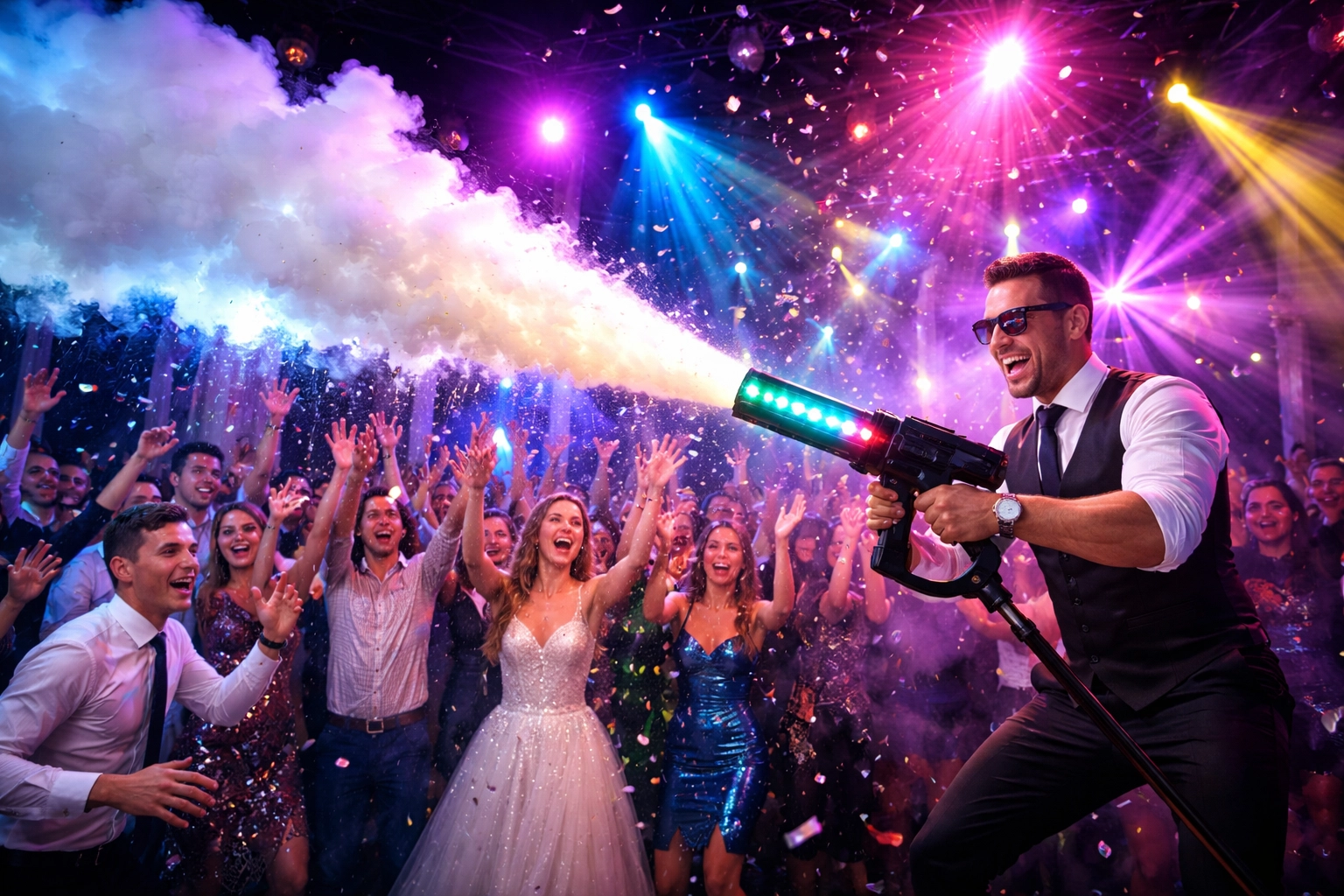 A man in sunglasses sprays smoke from a cannon at a lively party crowd, including a bride in a white dress, under colorful stage lights and confetti.