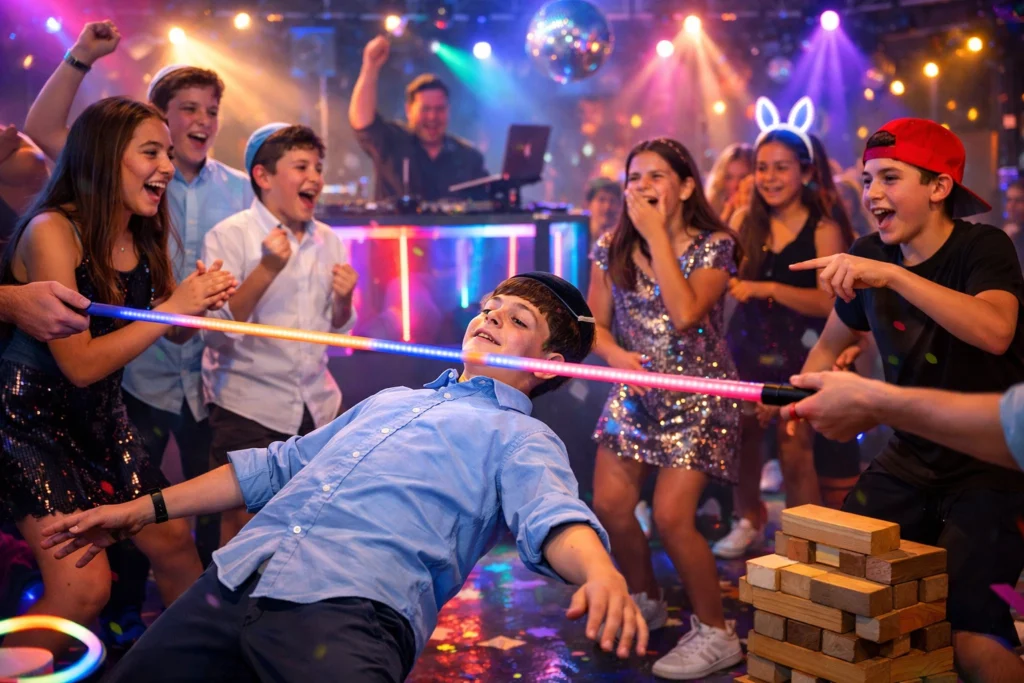 A group of kids at a party cheer as one boy limbos under a glowing stick, with colorful lights, a DJ, and a Jenga tower nearby.