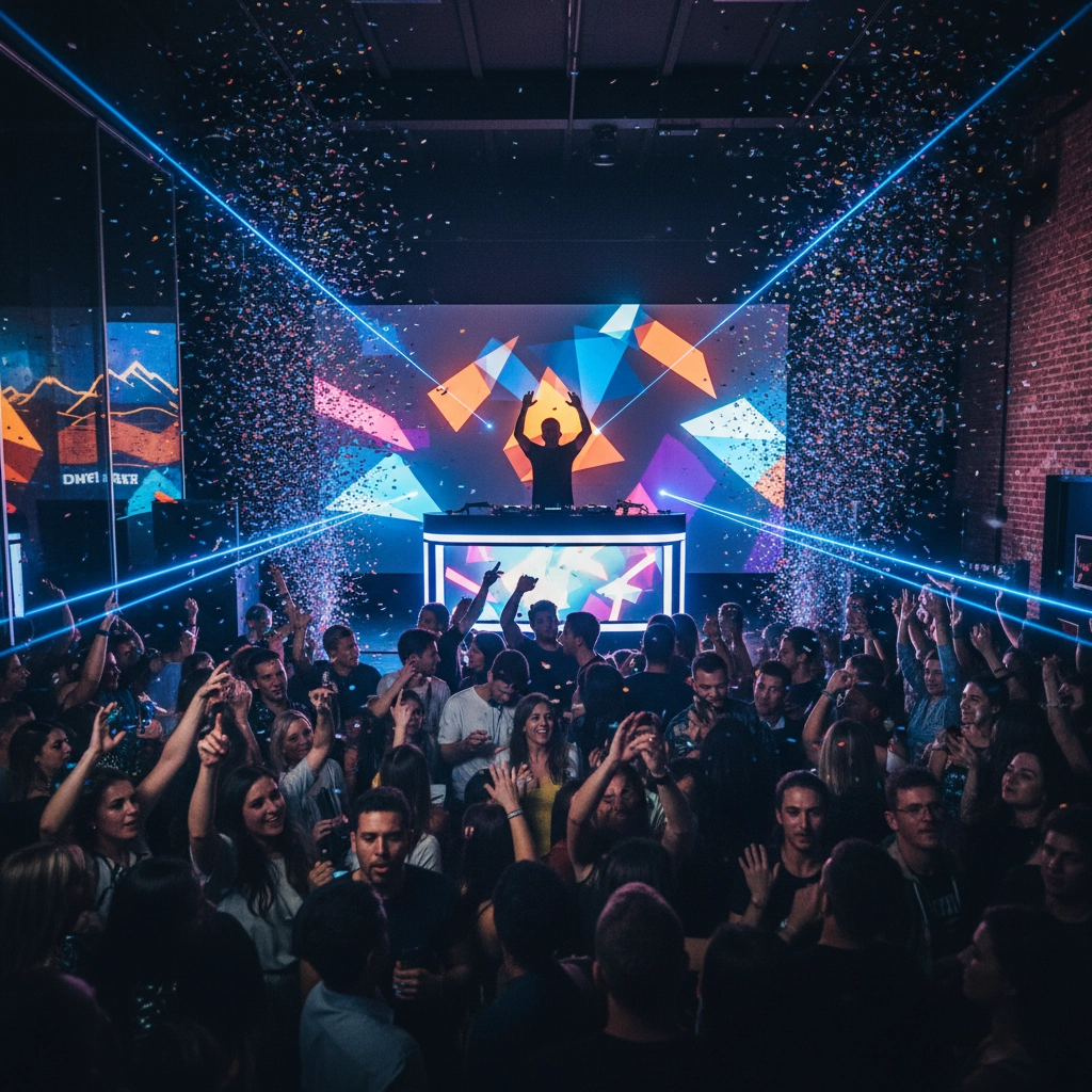 A crowded nightclub scene with people dancing, a DJ performing on stage, colorful geometric visuals on screens, laser lights, and confetti in the air.