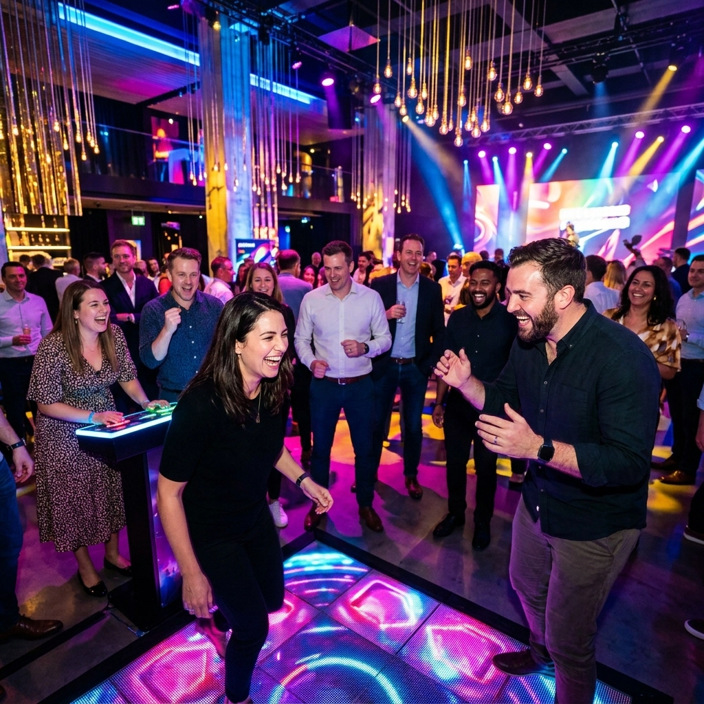 A group of people in a lively, colorful indoor venue watch and cheer as two participants play a dance game on an illuminated floor.