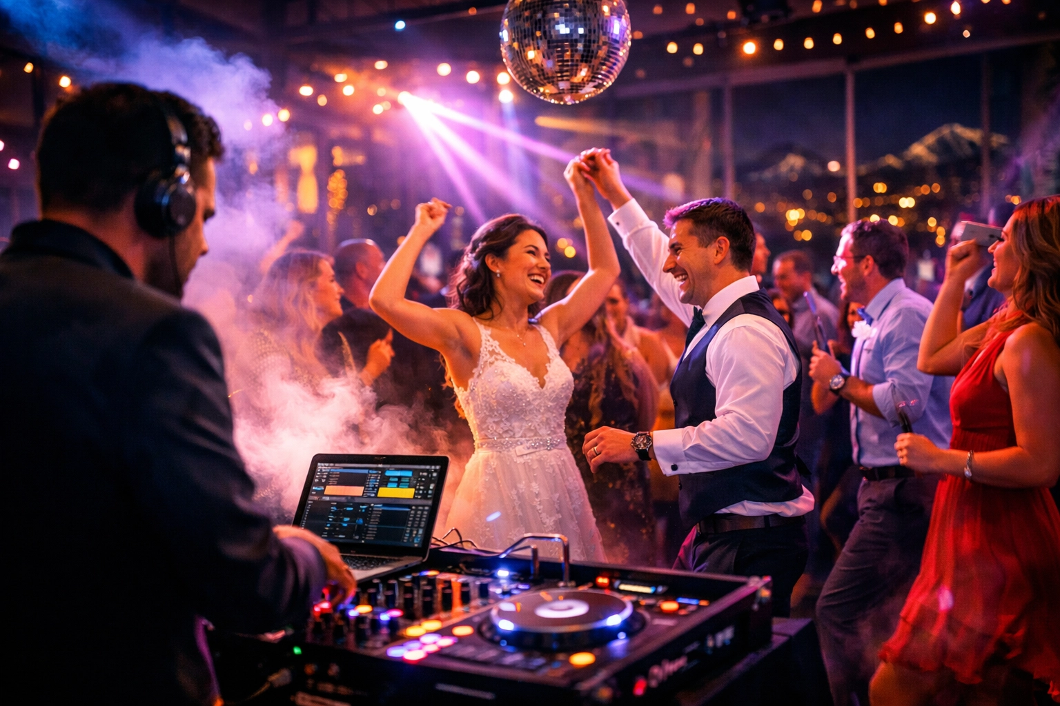 A bride and groom dance joyfully on a crowded, colorful dance floor at their wedding reception, with a DJ mixing music in the foreground.