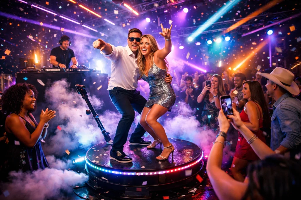 A man and woman pose and smile on a small stage at a lively party with confetti, colored lights, a DJ, and people taking photos and cheering around them.