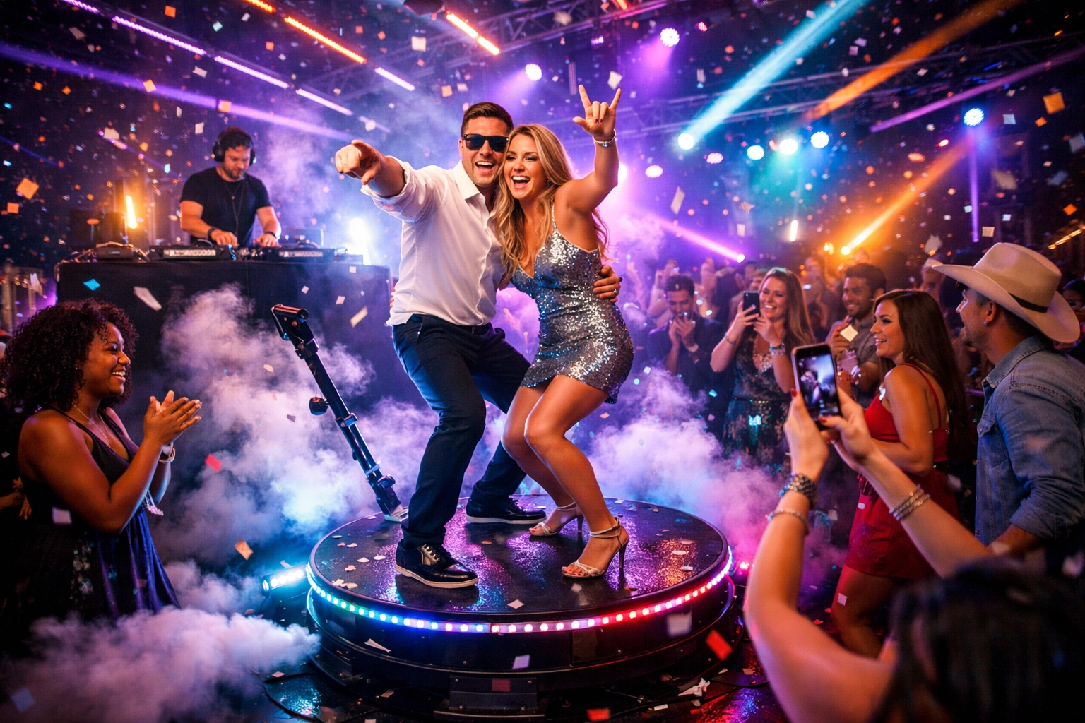A man and woman pose and smile on a small stage at a lively party with confetti, colored lights, a DJ, and people taking photos and cheering around them.