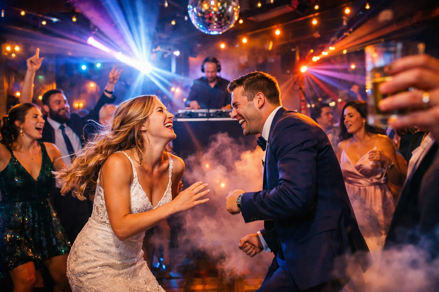 Bride and groom laughing and dancing together on a lively dance floor, surrounded by guests, with colorful lights and a DJ in the background.