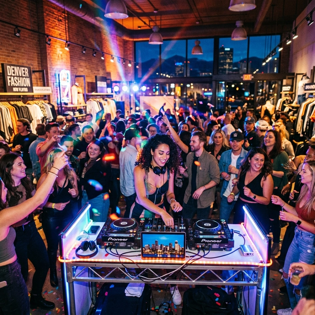 A DJ performs on a mixing console in front of a lively crowd at an indoor event, with colorful lights and clothing racks in the background.