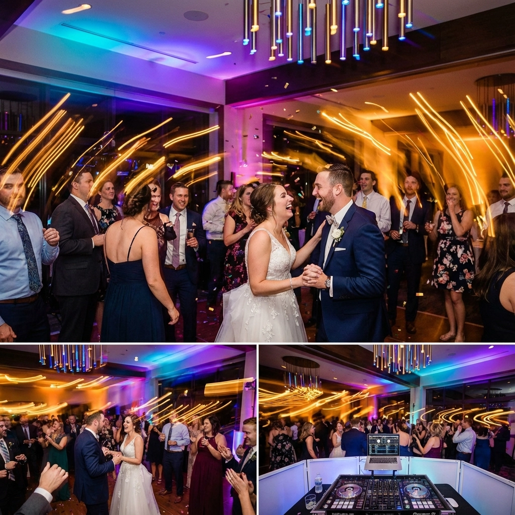 A bride and groom dance at their wedding reception with guests surrounding them; colorful lights create motion streaks across the room.