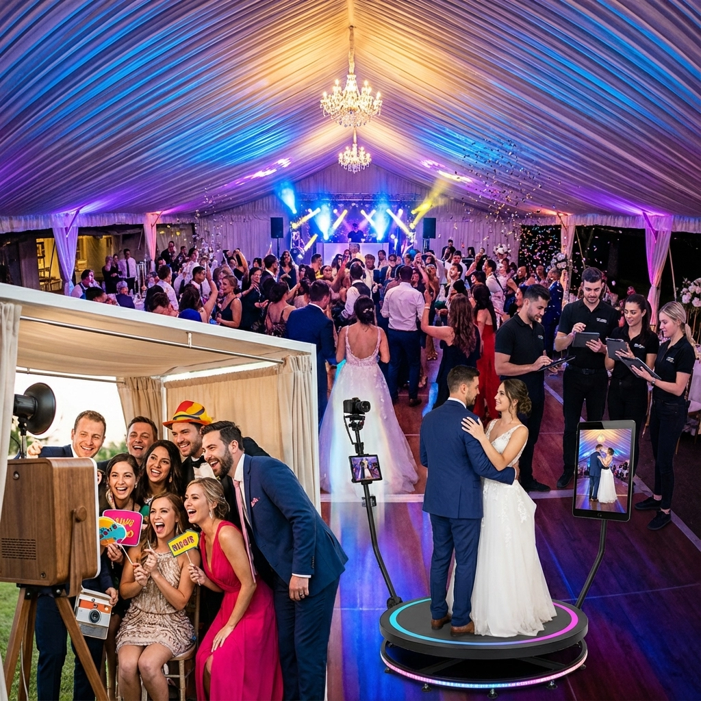 A wedding reception under a tent with guests dancing, a photo booth group posing with props, and a couple on a 360 photo platform.