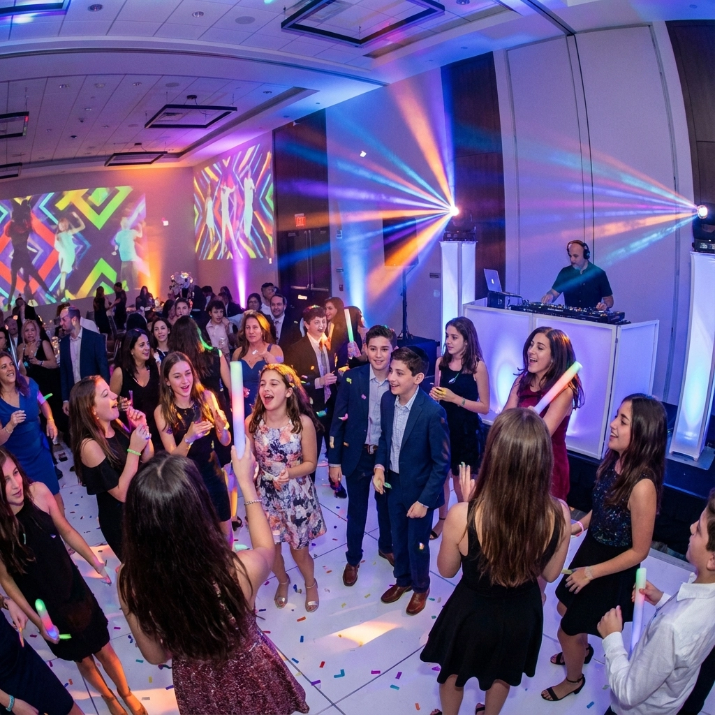 A group of teenagers dance and celebrate on a decorated dance floor with colorful lights and a DJ playing music in a modern event hall.