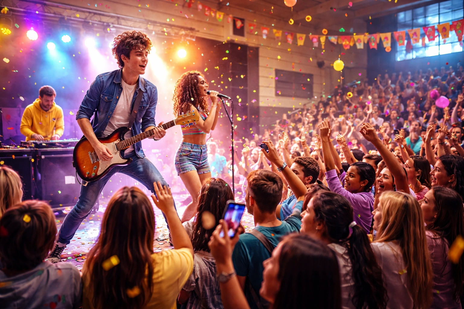 A band performs on stage before a cheering crowd in a colorful, decorated indoor venue, with confetti falling and people taking photos.