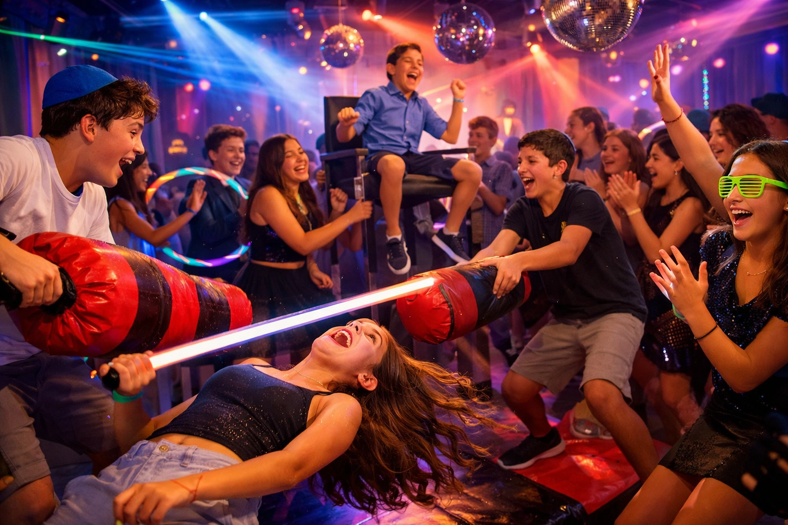Teens dance and celebrate under disco lights; two kids duel with foam batons while others cheer, and one boy is lifted in a chair above the crowd.