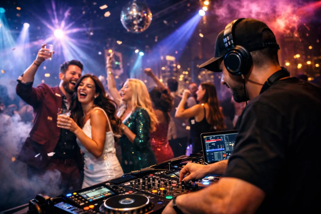 A DJ plays music at a lively party with people dancing, smiling, and holding drinks; colorful lights and a disco ball are visible in the background.