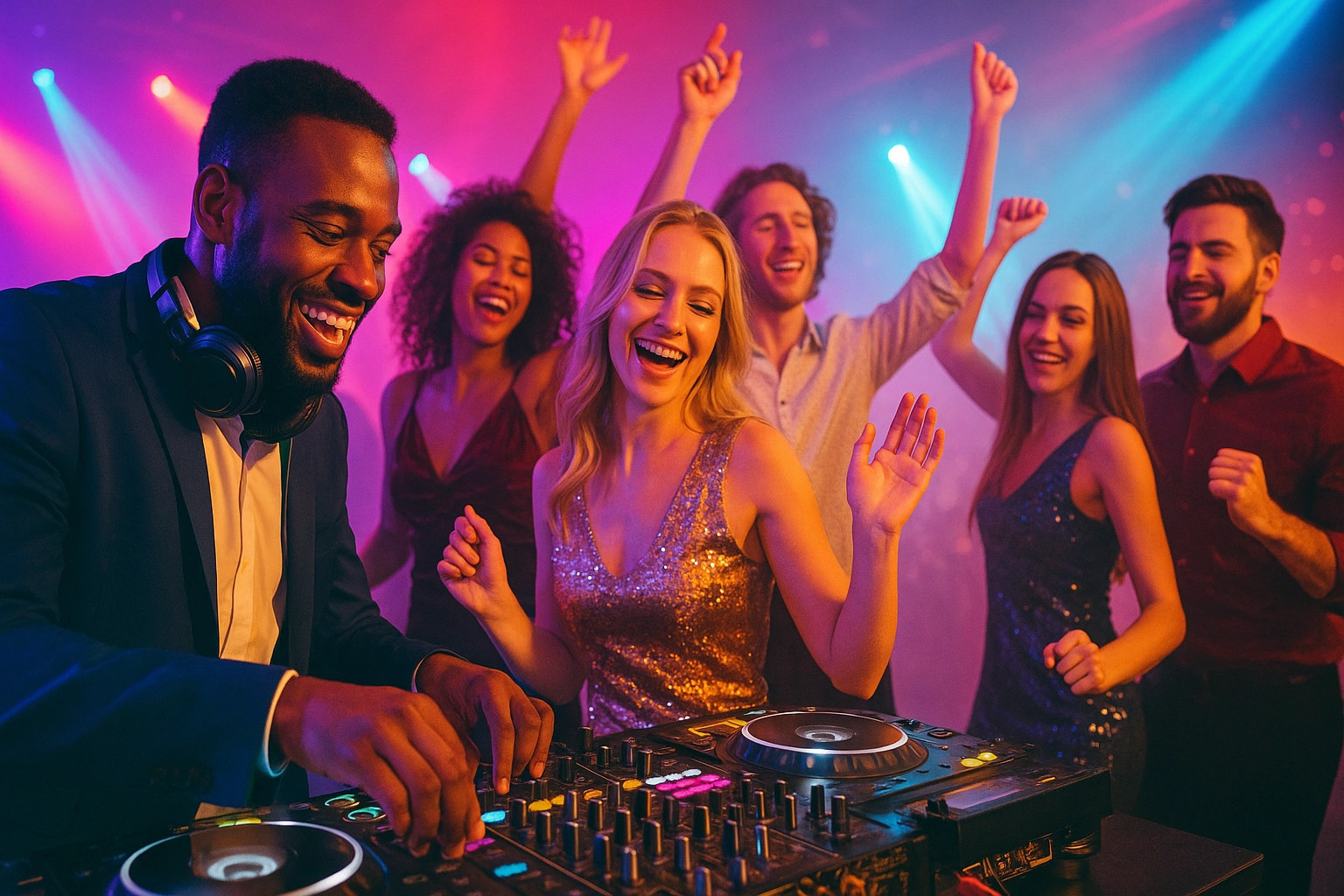 A DJ plays music at a nightclub as a group of young adults dance and smile under colorful lights.