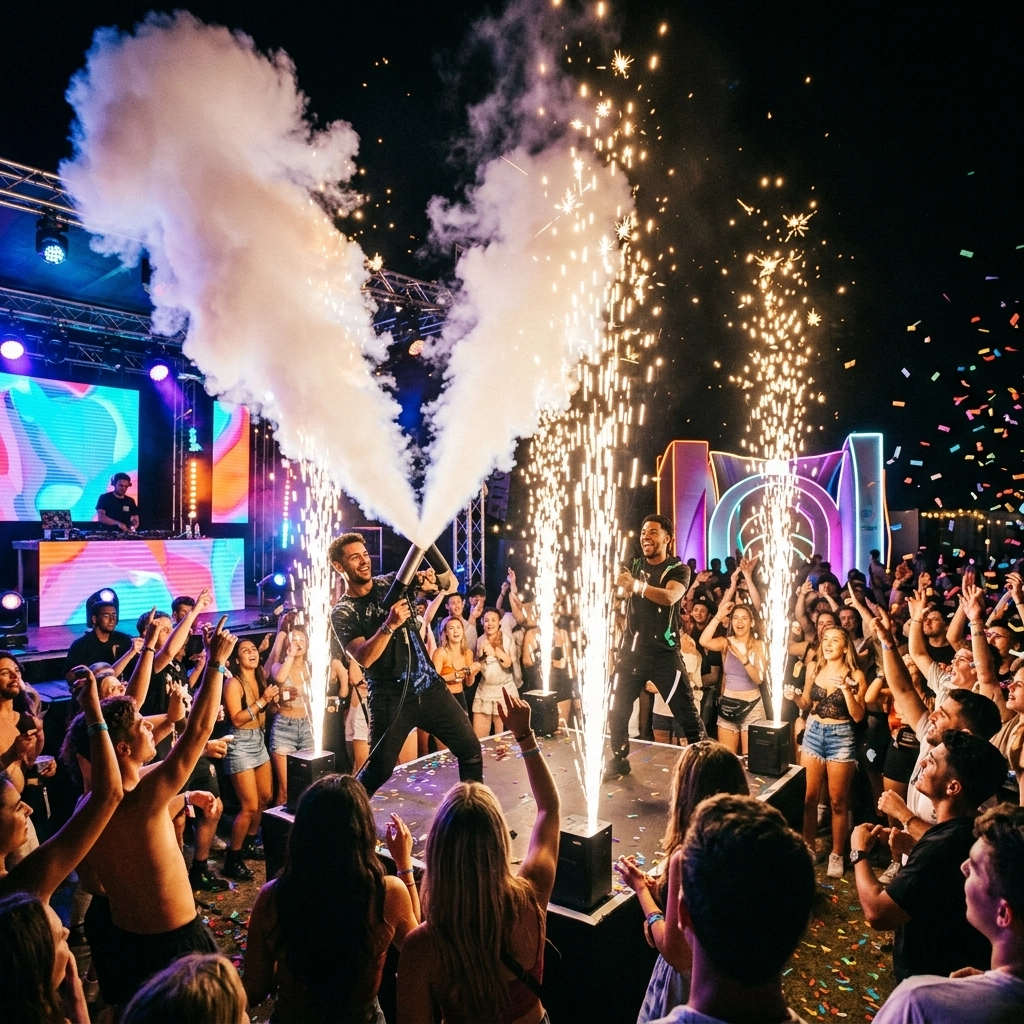 Two performers on stage at a night concert spray CO2 cannons and stand amid sparks, with a cheering crowd and colorful lights in the background.