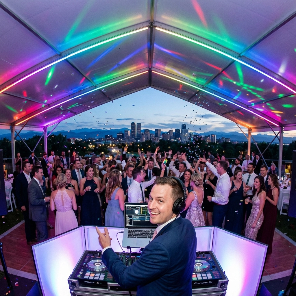 A DJ in headphones plays music at an outdoor event under a tent with colorful lights, while a large group of people dances and celebrates in the background.