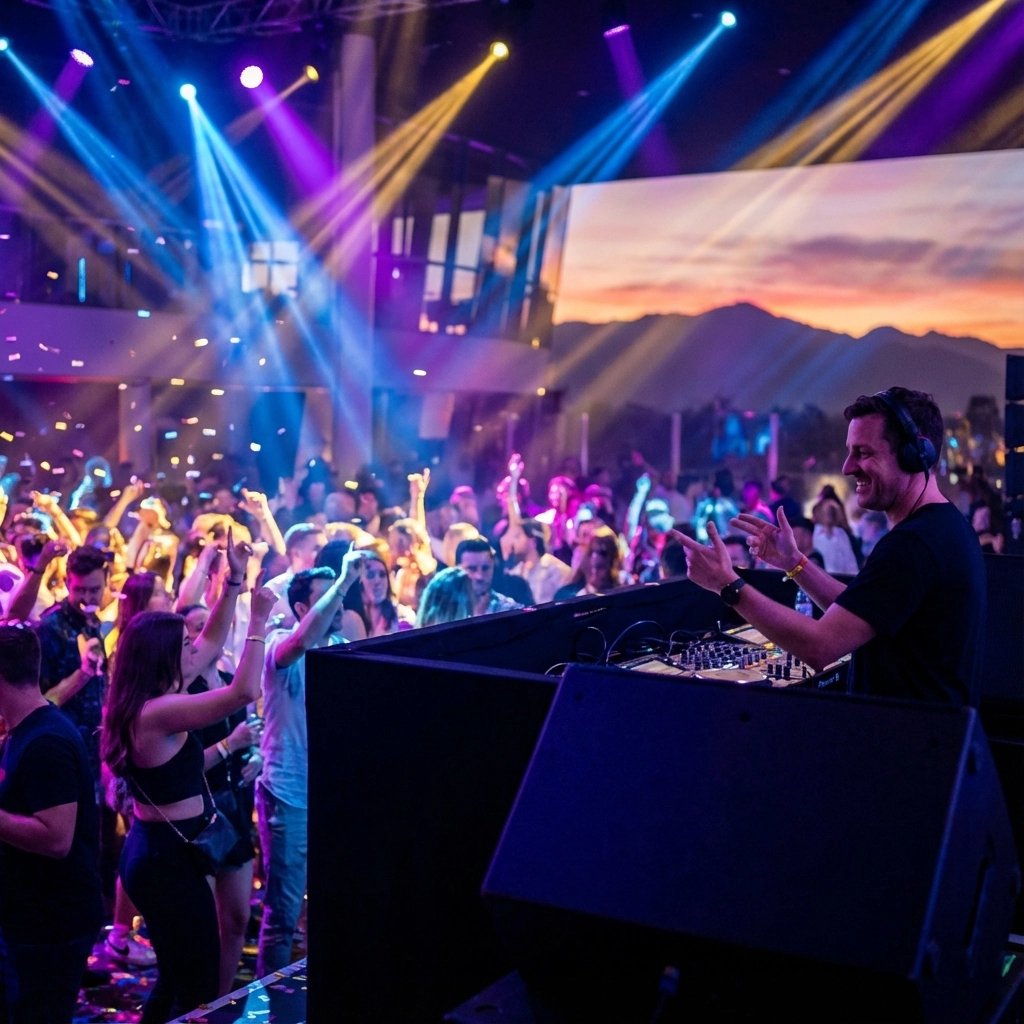 A DJ performs on stage while a crowd dances under colorful lights at a packed indoor nightclub.