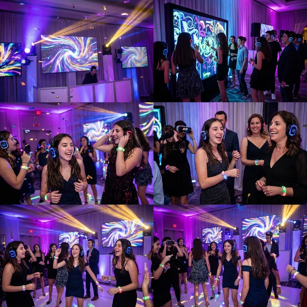 People wearing headphones dance and socialize in a brightly lit room with colorful lights and digital displays; a DJ is seen performing in one image.