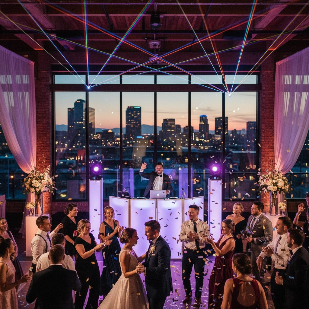 A group of people dance at a wedding reception with a DJ on stage, colorful lights, confetti, and a city skyline visible through large windows at sunset.
