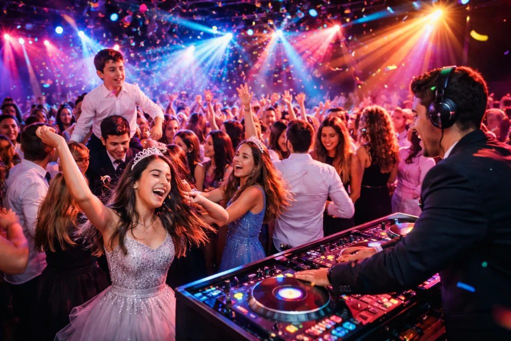 A large group of young people dance and celebrate at a party with colorful lights, confetti, a DJ, and a girl in a tiara smiling in the foreground.