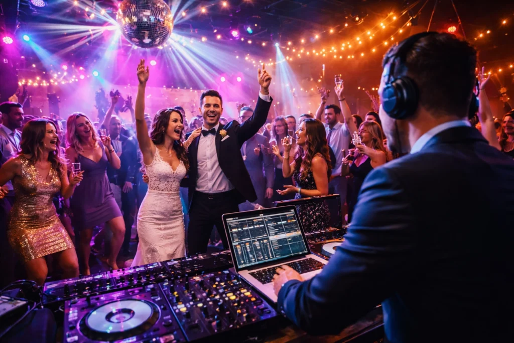 A bride and groom dance and celebrate with guests on a lively, colorful dance floor while a DJ plays music at their wedding reception.