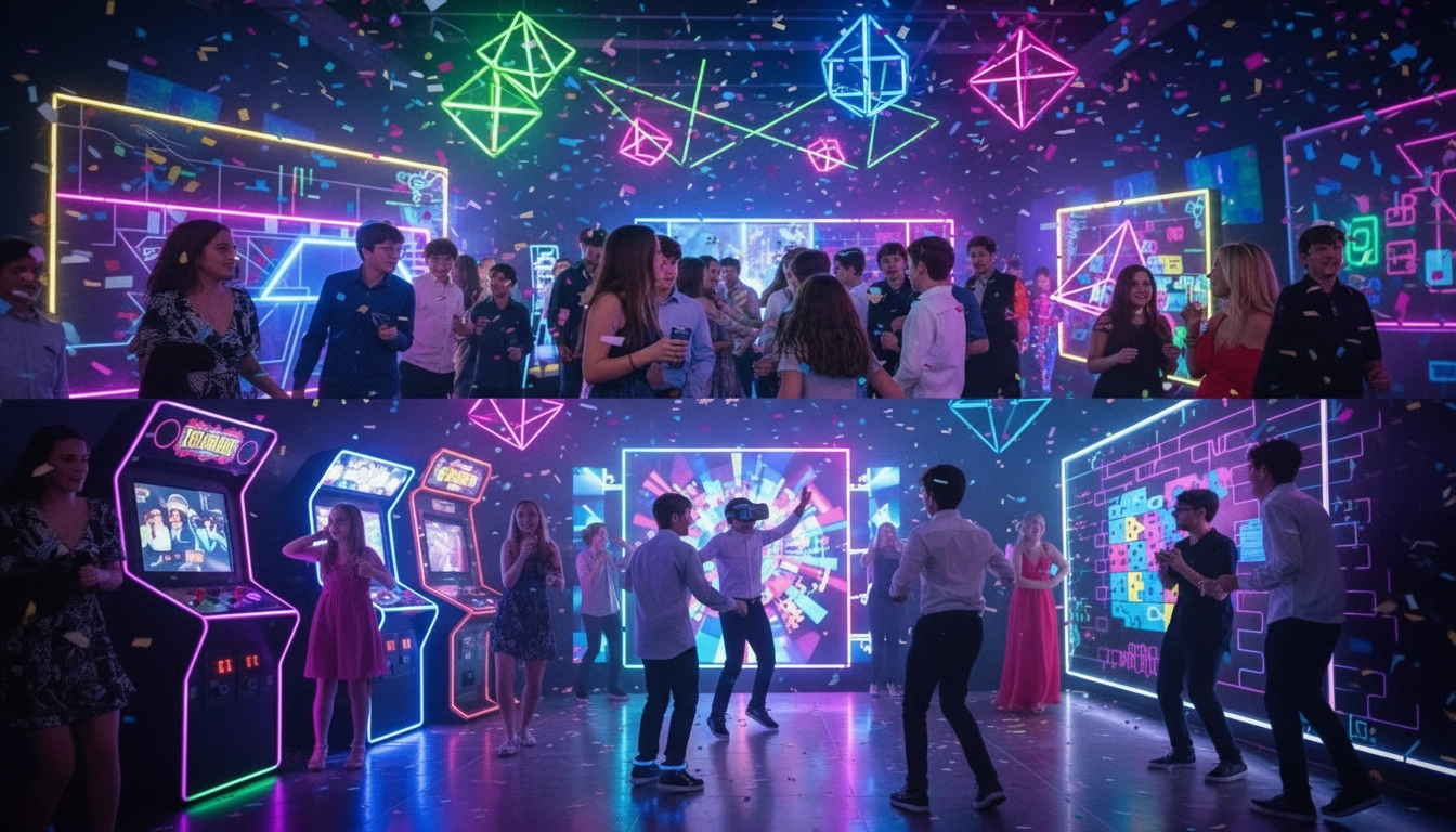 A group of people socialize and dance in an arcade decorated with neon lights, geometric shapes, and classic arcade machines, with confetti falling overhead.