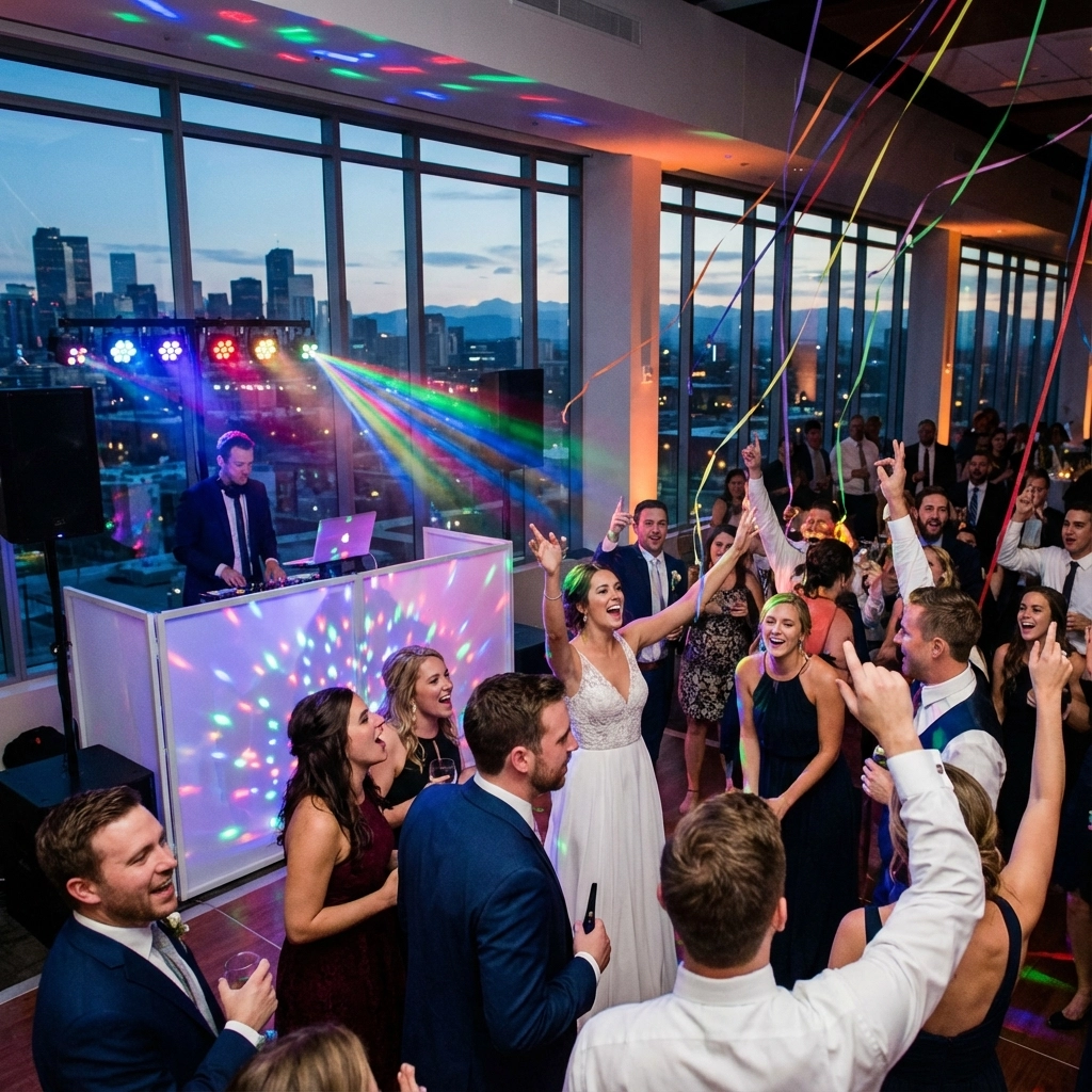 A group of people dancing and celebrating at a wedding reception with a DJ, colorful lights, and streamers in a modern venue with large windows and a city view.
