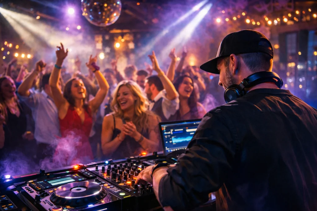 A DJ mixes music on a turntable at a crowded party where people are dancing and cheering under colorful lights and a disco ball.