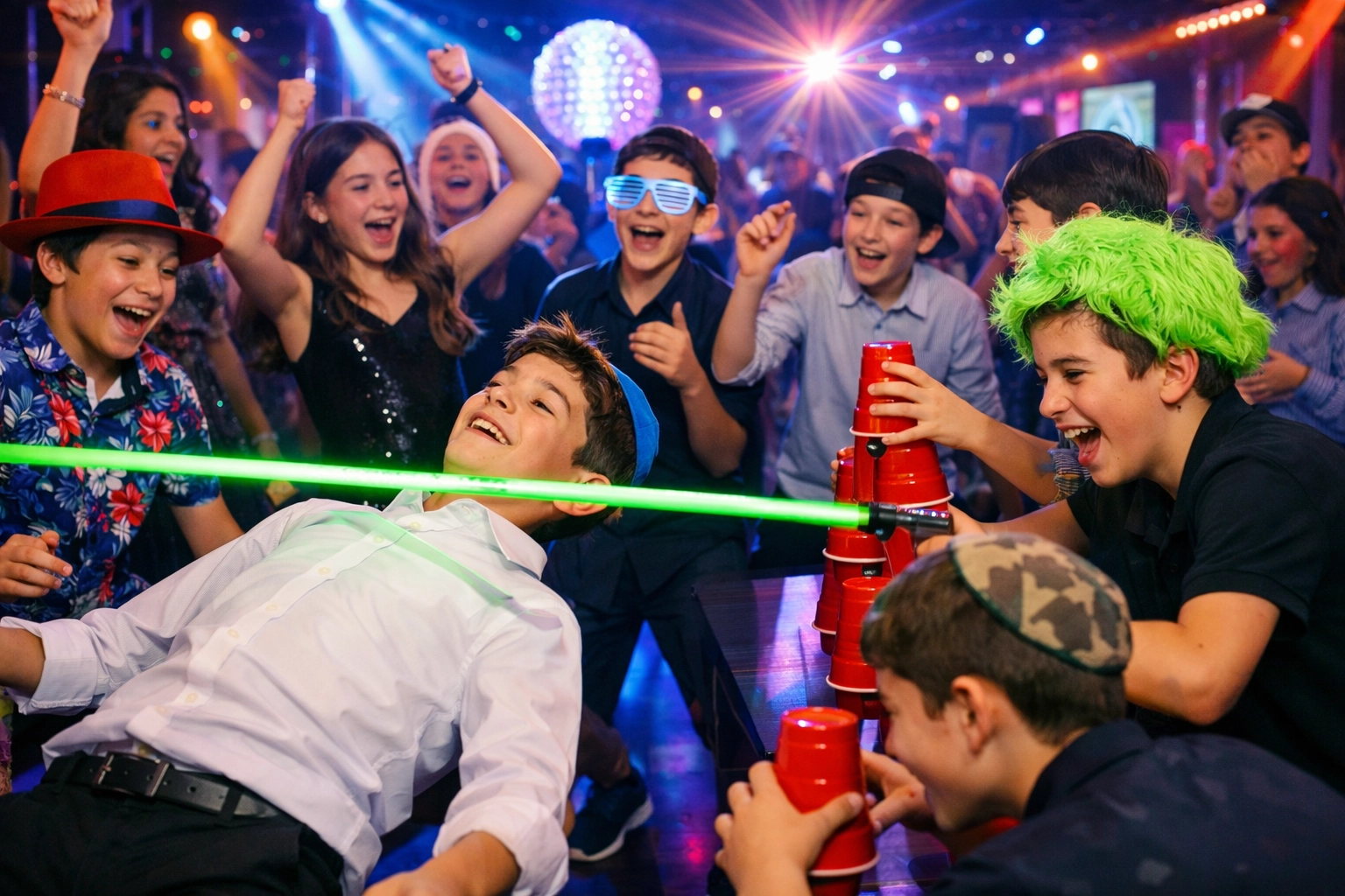 A group of kids at a party cheer as a boy in a white shirt does the limbo under a green pole; some wear hats, costumes, and glasses, with stacked red cups in the foreground.