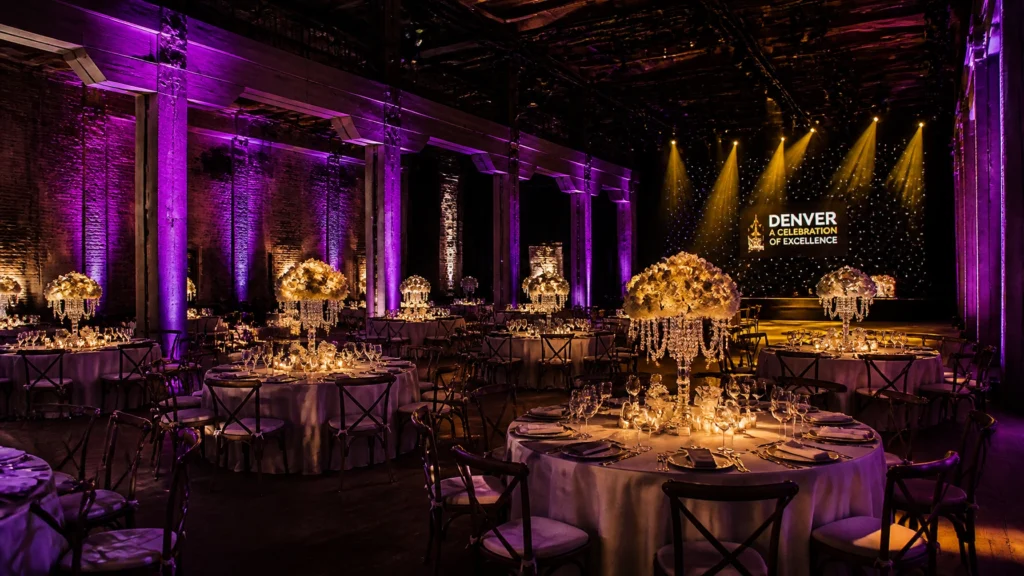 Elegant banquet hall with round tables, crystal centerpieces, and dramatic purple lighting. A stage with “Denver Celebration of Excellence” is visible in the background.