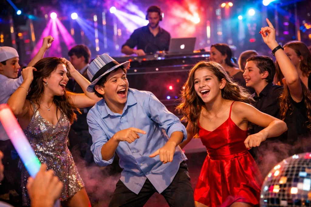 A group of teenagers dance and smile at a party with colorful lights, a DJ in the background, and a disco ball in the foreground.