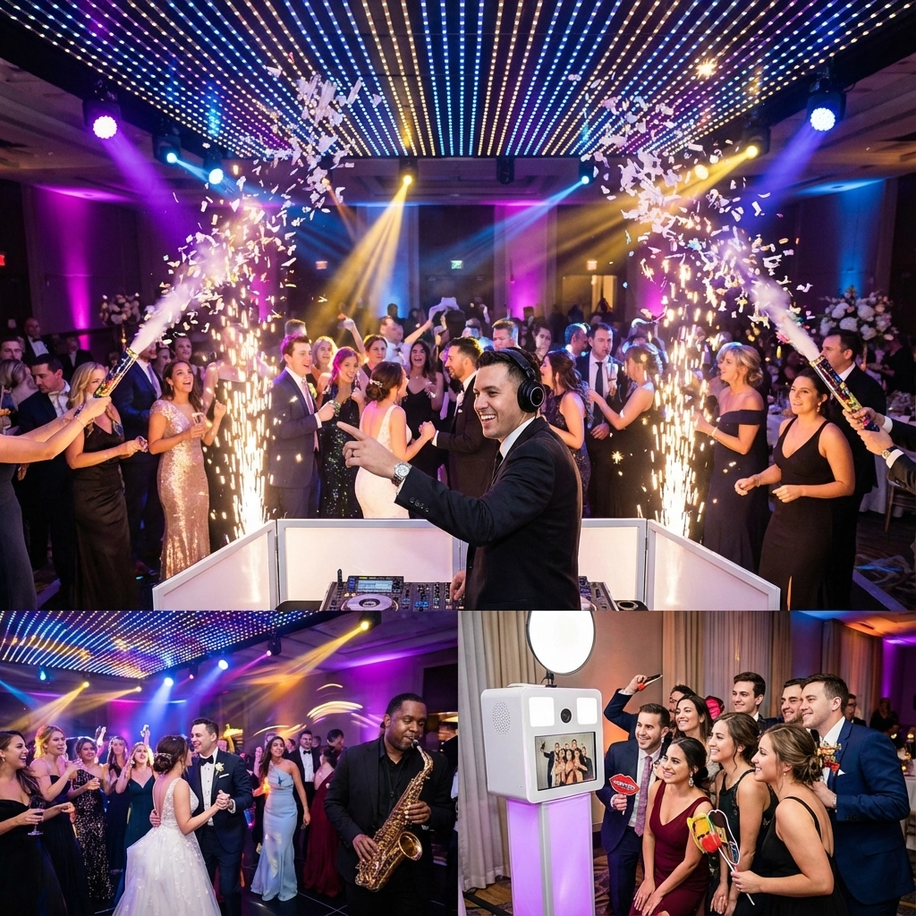 A DJ performs at a lively indoor party with confetti and special effects, people dance and pose for photos in formal attire under colorful lights.