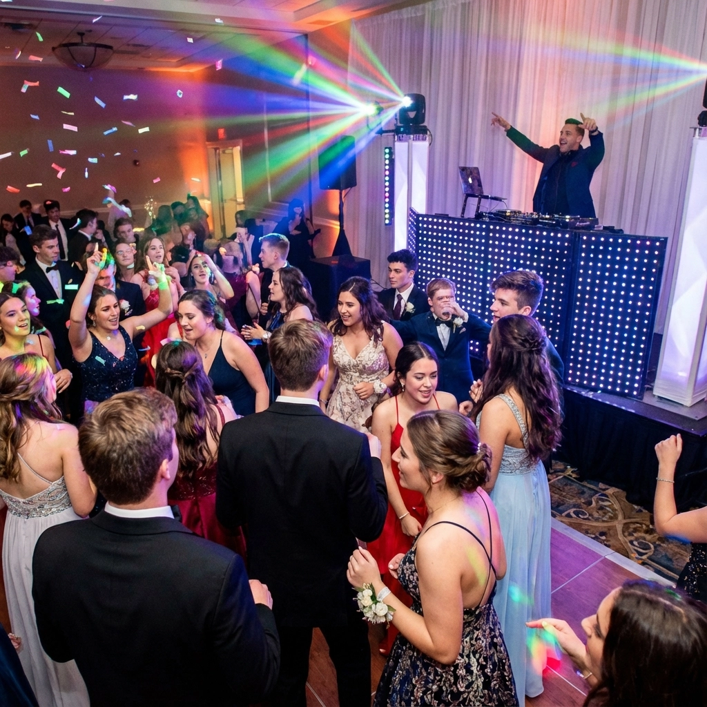 A group of young people in formal attire dance at a party with a DJ on stage, colorful lights, and a decorated event space.