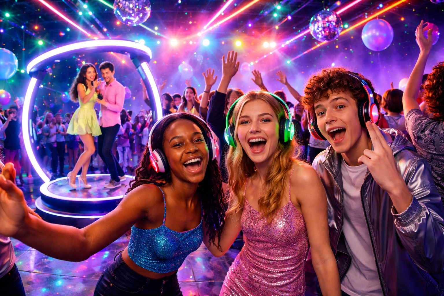 Three young people wearing colorful outfits and headphones smile and pose at a lively, neon-lit dance party with others dancing in the background.