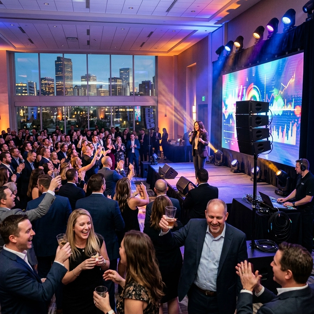 A large group of people in formal attire attend an indoor event with a stage, live performance, and city skyline visible through the windows.
