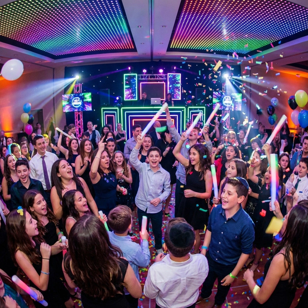 A large group of teenagers celebrates at a lively indoor party with colorful lights, confetti, balloons, and glow sticks.