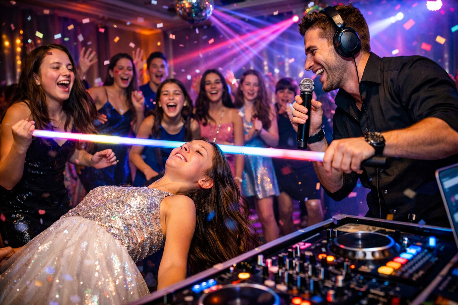 A DJ holds a microphone and limbo stick as a group of teens in party attire cheer and a girl bends backward to limbo under flashing lights and confetti.