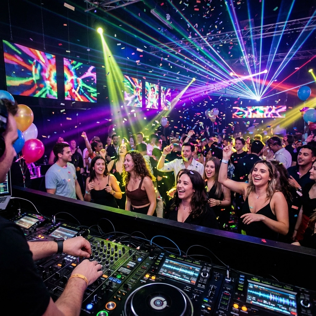 A DJ performs in a nightclub with colorful lights, confetti, and a crowd of people dancing and celebrating.