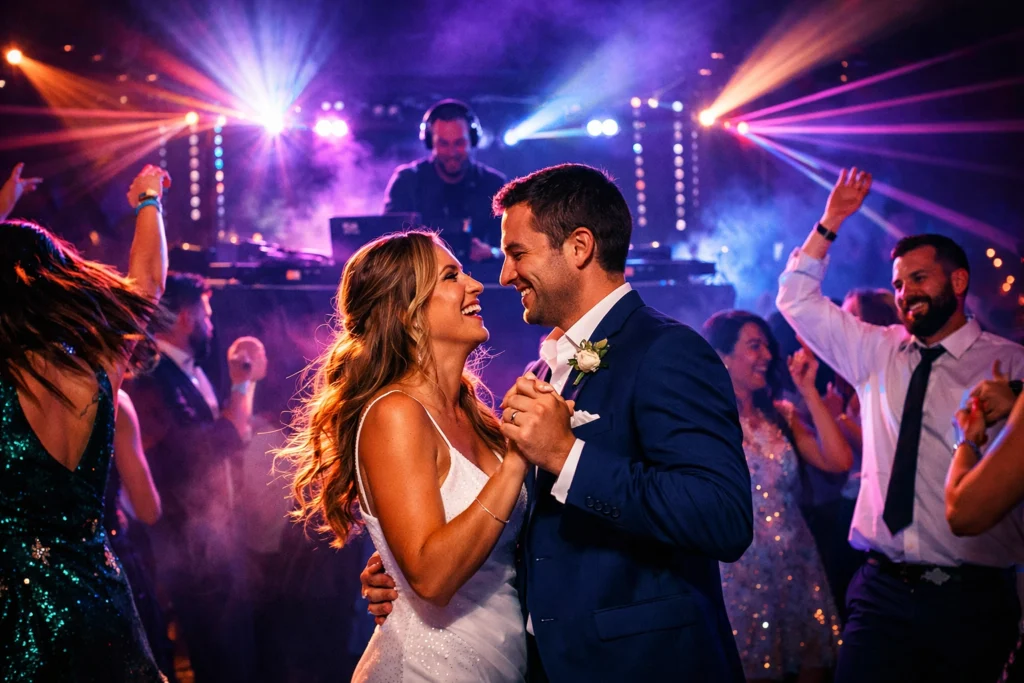 A bride and groom smile and dance together at a wedding reception, surrounded by guests dancing and colorful DJ lights in the background.