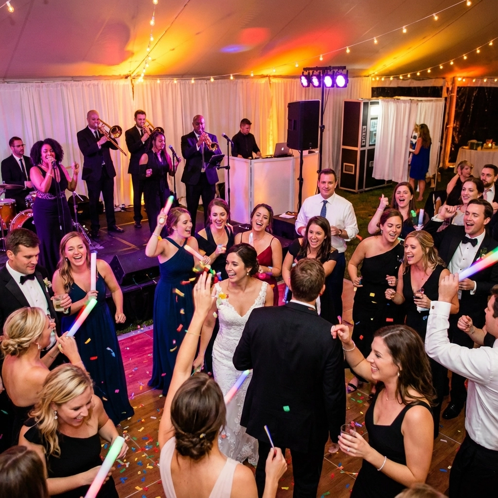 A bride and groom dance in the center of a lively wedding reception with guests dancing around them and a live band performing on stage.