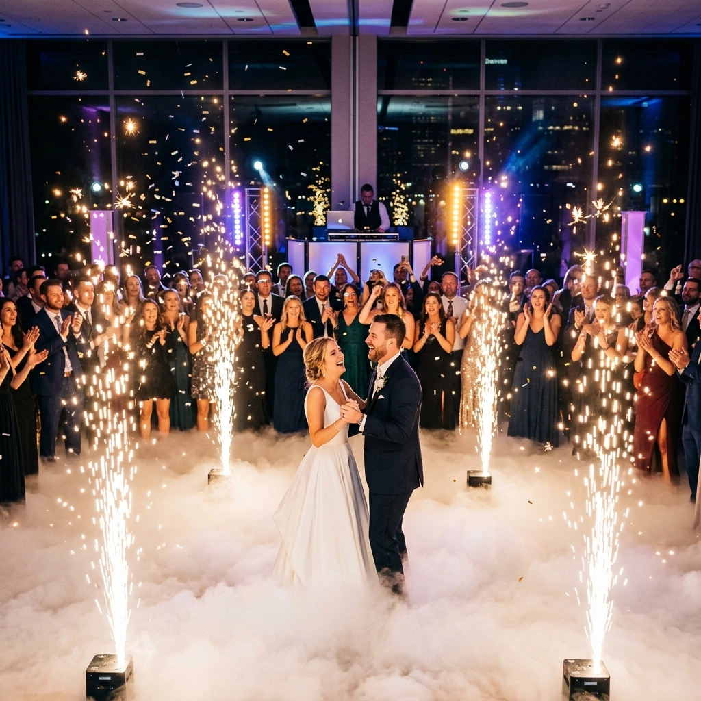 A bride and groom share their first dance surrounded by guests, indoor fireworks, and fog effects at a nighttime wedding reception.