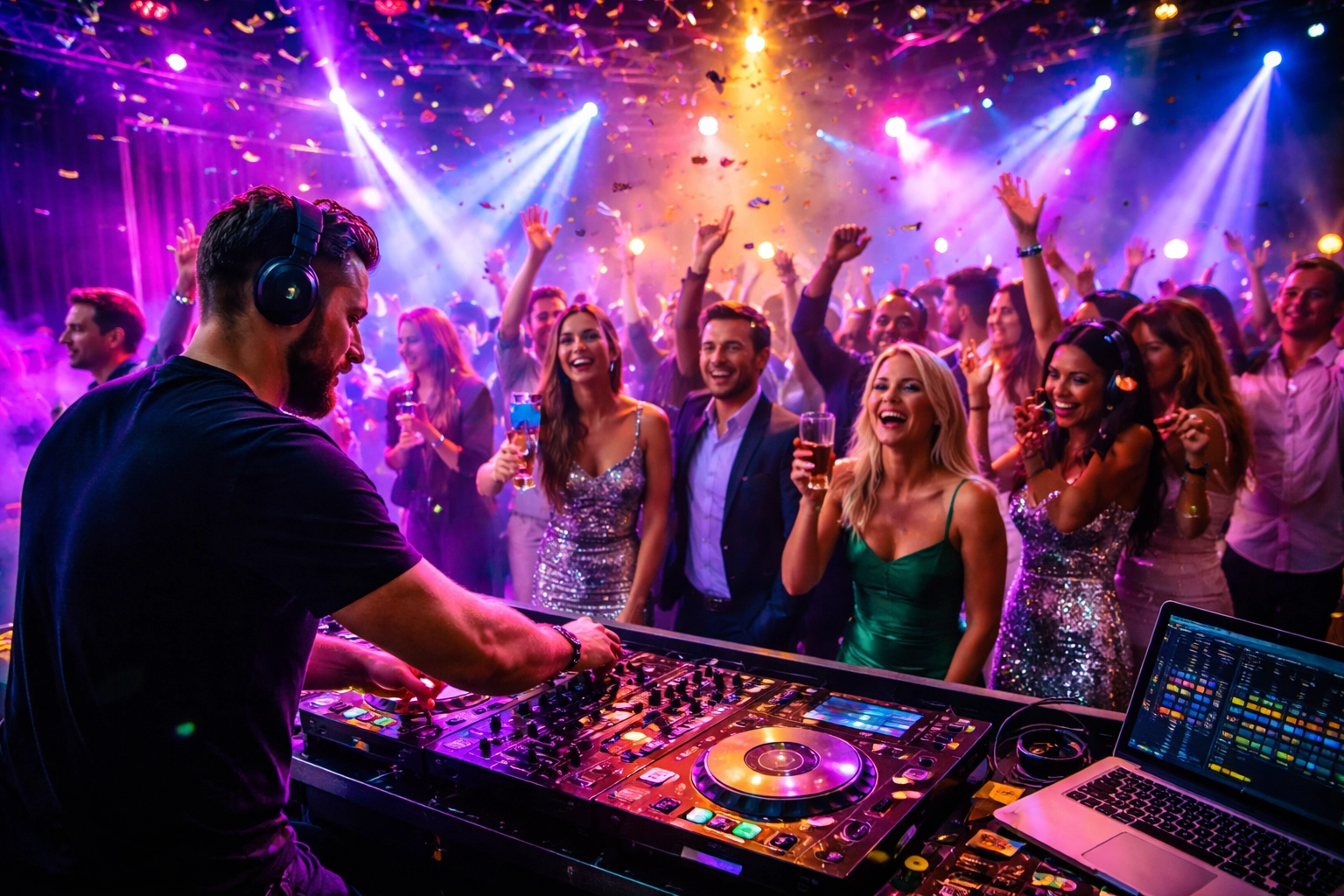 A DJ plays music at a lively nightclub as a crowd of people dance, cheer, and hold drinks under colorful stage lights and falling confetti.